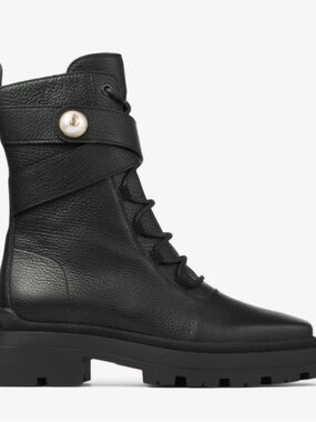 Jimmy Choo Black Leather Lace-Up Ankle Boots with Pearl Button